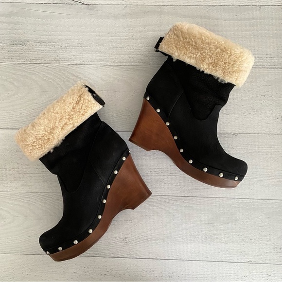 UGG Carnegie Cuffed Shearling Boots Black Suede Leather Platform Sz 8 - Picture 7 of 11